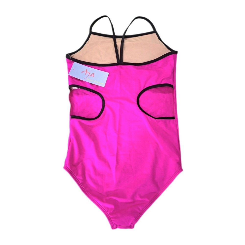 Aja VTG Hot Pink Side Cutout Keyhole Crossback Dance Leotard Built-in Bra Sz AM - Picture 12 of 16
